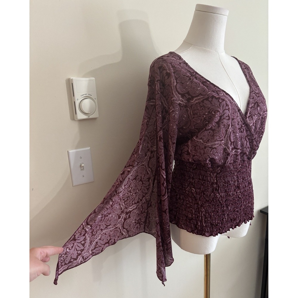 Vintage 90s 00s Boho Whimsigoth Flare Sleeve Top V Neck Paisley Purple Plus Size - Picture 2 of 8